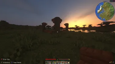 Minecraft Doc Day 2 Sun setting over the fresh house frame as Day 2 brings sand collection for windows.