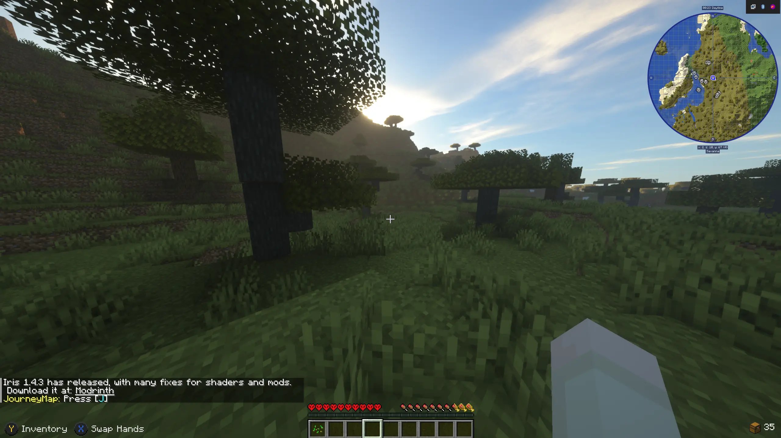Minecraft Doc Day 0 Acacia biome spawn with trees and resources in a new hardcore world.