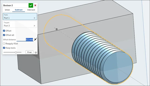 Boolean operation to remove threads from the block with 0.1mm offset