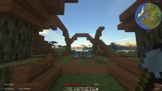 Minecraft Doc Day 3 The roofline of the base is complete and the tree farm is cleared for fresh oak and acacia saplings.