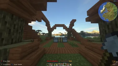 Minecraft Doc Day 3 The roofline of the base is complete and the tree farm is cleared for fresh oak and acacia saplings.