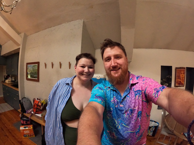 Beach Time With Rhiannon Waylon and Rhiannon Standing in the kitchen of the Cedar Beach Inn, ready to hit the Cedar Beach.