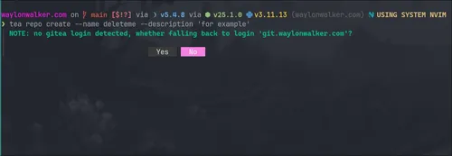 image showing message NOTE: no gitea login detected, whether falling back to login 'git.waylonwalker.com'?
