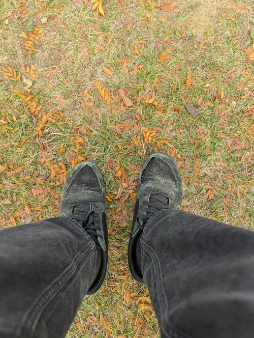 looking down at my sawdusty busted shoes in the orange leaves